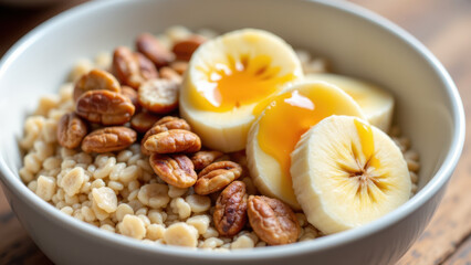 Fototapeta premium A delicious bowl of oatmeal topped with sliced bananas, walnuts, and a drizzle of honey.