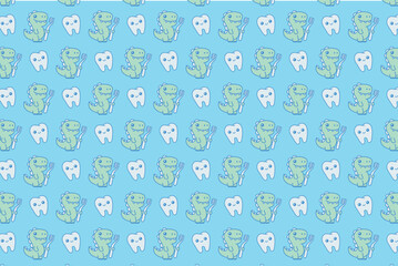 Obraz premium Cute dinosaur with a toothbrush. And a cute tooth. Pediatric dentistry. dentist. Seamless pattern, print, background, cover. Logo, emblem, print. Vector illustration on blue background