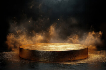 3d render of Gold podium on black background platform gold presentation.