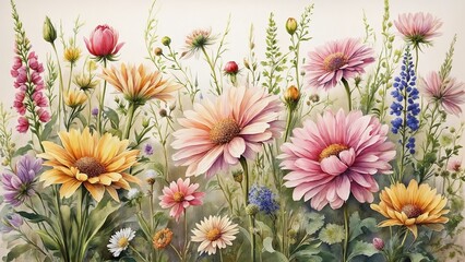 Colorful floral watercolor painting depicting blooming flowers in a vibrant garden