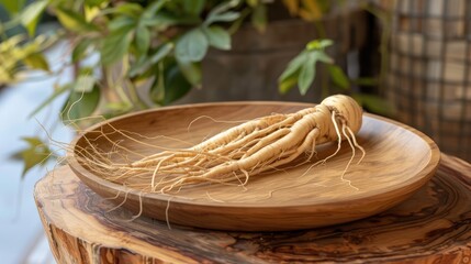 Ginseng display on wooden plate with natural background for product promotion.