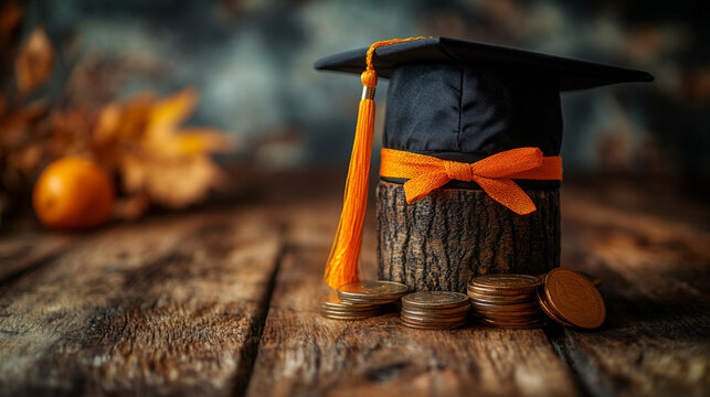 graduation cap rests atop a stack of coins, symbolizing the investment in education and the promise of future success. The empty cap signifies potential and the journey ahead in a graduate's life