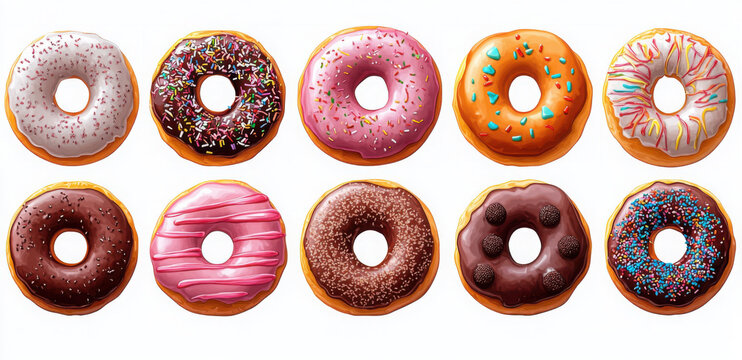 Sweet doughnut set top view. Different glazes and toppings sugar sprinkles. Delicious dessert cakes. Bakery product chocolate vanilla cream. Menu coffee shop decoartion design element Cartoon style