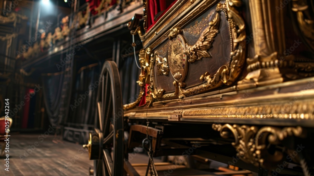 Poster an upclose view of a prop carriage used in a historic play reflecting the use of elaborate stage set