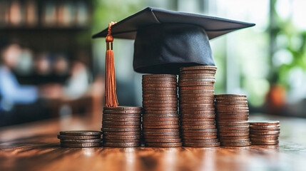 graduation cap rests atop a stack of coins, symbolizing the investment in education and the promise of future success. The empty cap signifies potential and the journey ahead in a graduate's life