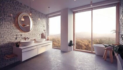  Brutalist interior design. 3D rendering of a modern bathroom with a panoramic window 