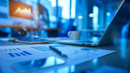 Financial documents and graphs on office desk in blue lighting