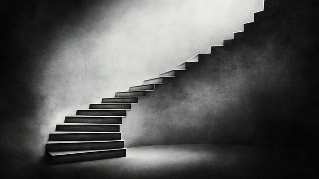  A monochrome picture depicts a flight of steps under soft illumination from above one stairhead