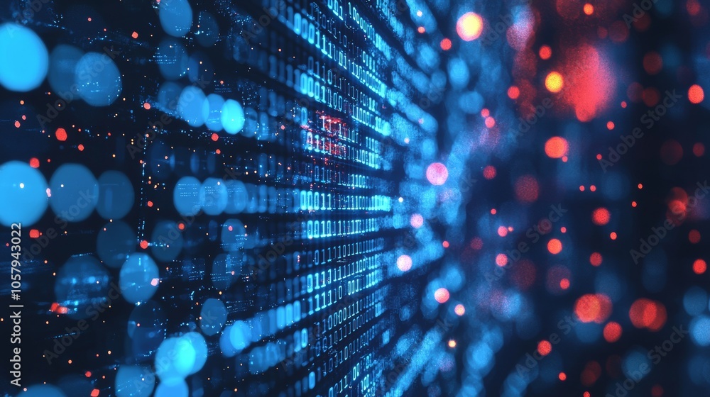Poster binary code and digital lights in blue and red futuristic background
