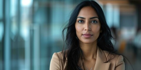 Naklejka premium Confident Indian businesswoman stands with arms crossed, looking directly at camera, ready to lead team, showcasing professionalism and determination in modern office setting.
