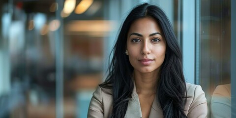 Naklejka premium Confident young Indian businesswoman posing thoughtfully in modern office, showcasing professional attire, strong presence, and determination for success, looking directly at camera.