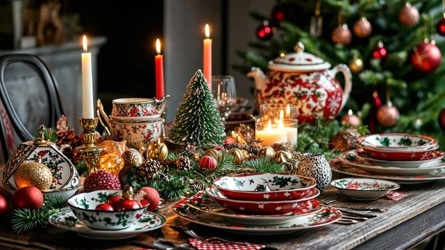 Festive dining table with elegant china, candles, ornaments, and christmas tree decor for a merry christmas and happy new year celebration concept