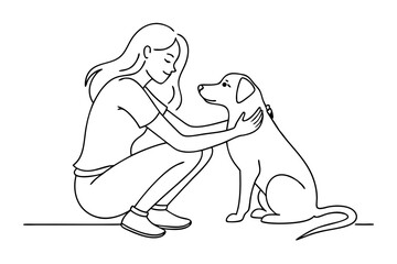Simple Line Art of Woman Kneeling with a Loving Dog Hug
