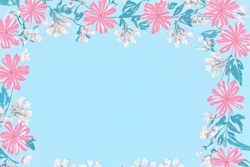 Flowers background. Flowers on light blue background. Spring, summer concept.