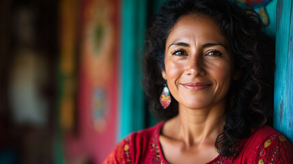 Naklejka premium Smiling Hispanic woman in bohemian outfit leaning against colorful wall, vibrant and joyful portrait.