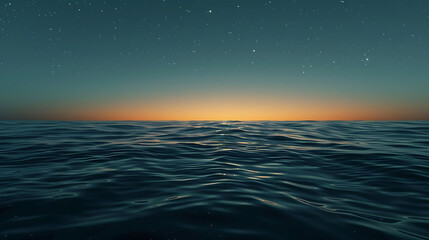 Fototapeta premium a tranquil seascape at dusk, where a calm ocean meets a gradient sky transitioning from deep blue to warm orange and yellow hues near the horizon