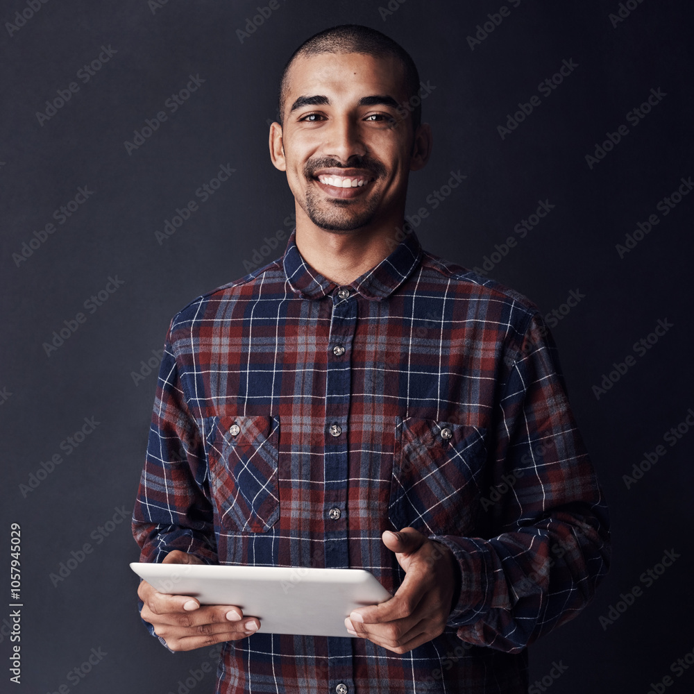 Poster tablet, happy and portrait of businessman in studio for research, communication and connectivity. di