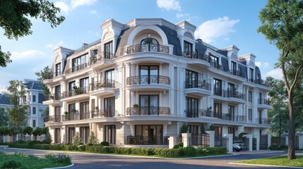 Fototapeta premium Elegant modern building with balconies and lush landscaping in a residential area.