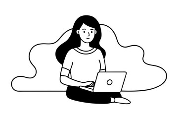 Simple Line Drawing of Woman Working on Laptop