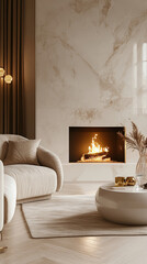 modern and luxurious interior design, living room with white fireplace and wood panels
light beige marble on the walls, brass details, warm colors, a sofa and armchairs
luxury, golden accessories, min