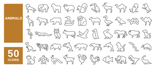 Set of 50 line icons related to animals, wild, pet, birds, domesticated, zoo, Editable stroke. Vector illustration