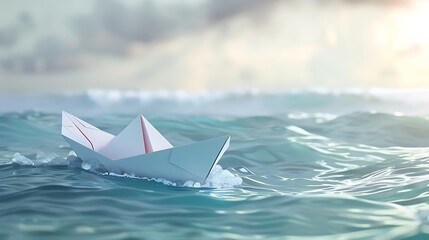 A small paper boat is floating on the water. The boat is white and has a red sail. The water is blue and the waves are small.