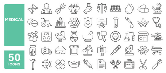 Set of 50 line icons related to medical, treatment, health, care, cure, medicine, report, hospital, Editable stroke. Vector illustration