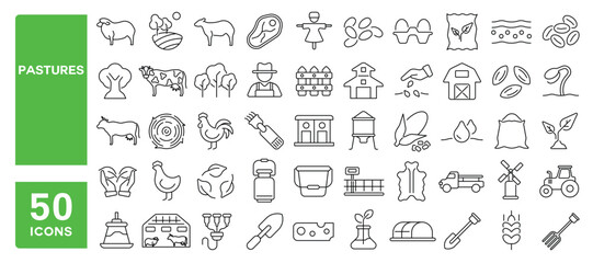 Set of 50 line icons related to pastures, farm, agriculture, cow, sheep, chicken, harvest, meat, diary, cultivation, Editable stroke. Vector illustration
