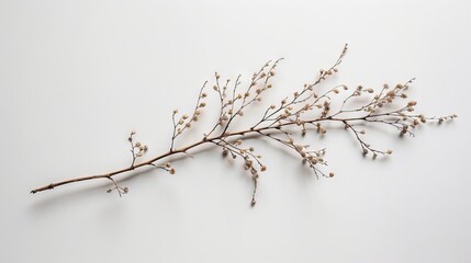 A dried plant branch is arranged in a flat lay style, captured from a top-down perspective. 