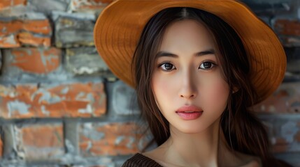 Fototapeta premium A stunning Asian girl with a chic style strikes a pose in front of a brick wall, ready to have her picture taken. This portrays the vibrant lifestyle of 