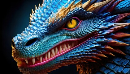 Obraz premium full body a blue dragon's face with sharp teeth and piercing eyes.