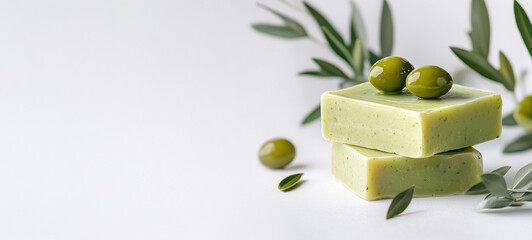 Two olive oil soap bars with green olives and leaves on a white background
