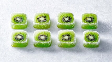   Kiwi pieces perched on snowy ground near pile of similar