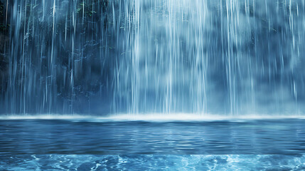 Waterfall with blue water. The waterfall is in the background and the water is in the foreground.