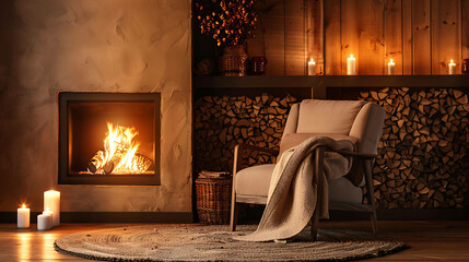 A cozy living room with a fireplace, armchair, and candles. The perfect place to relax and unwind after a long day.