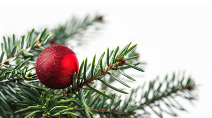 An evergreen fir tree adorned with a vibrant red Christmas ball stands out against a clean white background, creating a festive and elegant holiday 