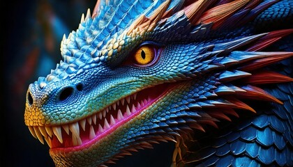 Obraz premium full body a blue dragon's face with sharp teeth and piercing eyes.