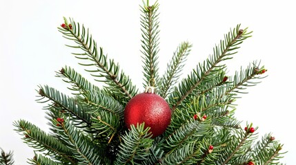 An evergreen fir tree adorned with a vibrant red Christmas ball stands out against a clean white background, creating a festive and elegant holiday 