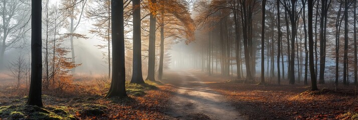 A misty autumn forest path bathed in soft sunlight, surrounded by tall trees and fallen leaves.