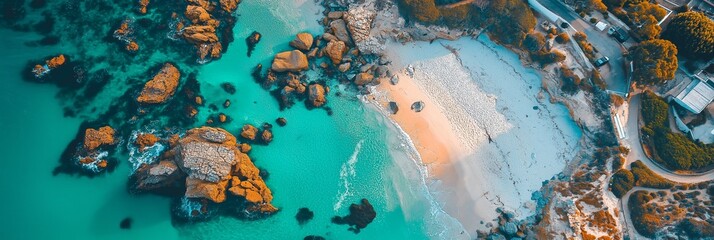 Stunning aerial perspective of a rocky coast, turquoise water, and sandy beach with surrounding greenery and roads.