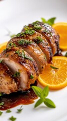 グルメの楽しみ: 新鮮なオレンジスライスとハーブを添えたカナール・ア・ロランジュのフラットレイ