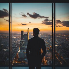 Fototapeta premium A suited man observes the sprawling cityscape filled with bright lights at dusk, embodying ambition and contemplation.