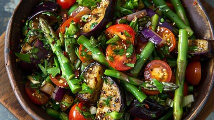 Spring vegetable salad made with a delicious combination of green beans, juicy tomatoes, tender eggplant, and crisp asparagus
