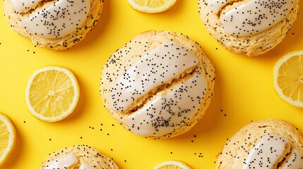 Lemon poppy seed scone with a light glaze, isolated on a sunny yellow background with lemon slices and poppy seeds
