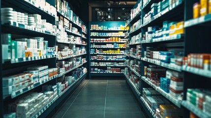 Pharmacy shelves with organized medical products