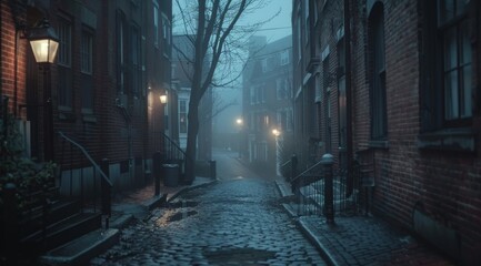 Misty, foggy alley in Old city, with brick buildings and victorian gas street lamps, horror movie. Historical streets.
