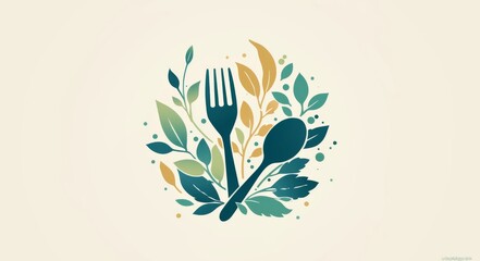 Logo design featuring a fork and spoon in a blue-green-white color palette, perfect for an organic restaurant