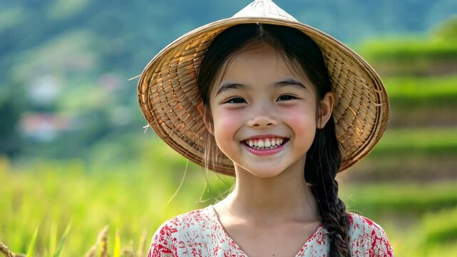 A young girl smiles brightly while wearing a traditional hat in a rice paddy field