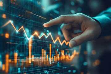stock market data statistics analysis on screen, analyst hand on screen data research motion blur background for trading and stock data web sites