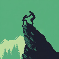 helping each other person to climb a mountain, teach and consult minimal green background abstract illustration. copy space for educational programs seminar